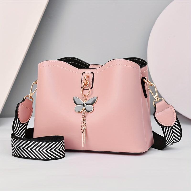 Stylish Crossbody Bag Wide Shoulder Strap Bucket Bag with Butterfly Pendant