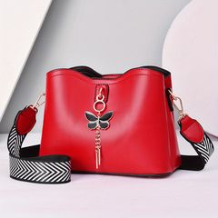 Stylish Crossbody Bag Wide Shoulder Strap Bucket Bag with Butterfly Pendant