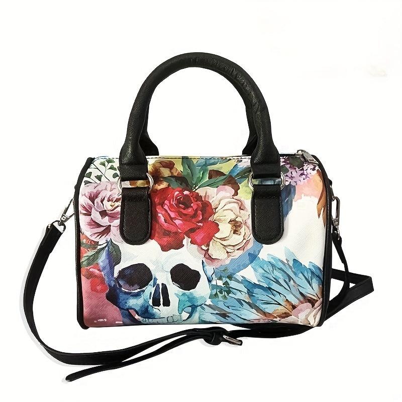 Gothic Skull & Flower Pattern Boston Bag Handbag