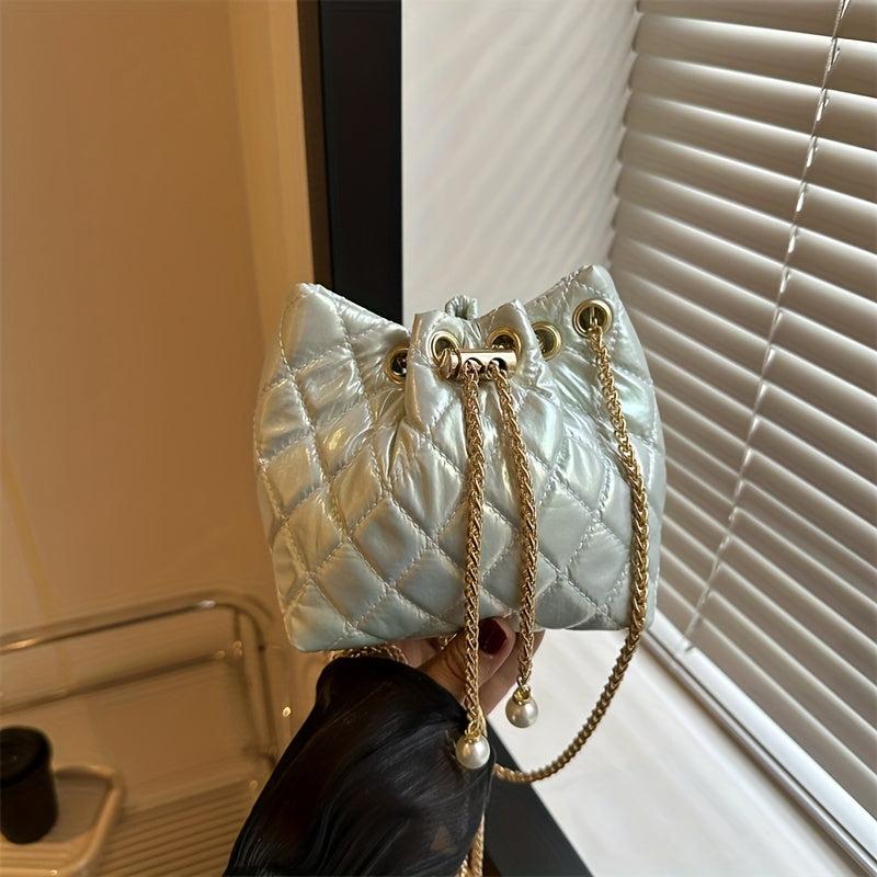 Quilted Drawstring Shoulder Bag with Chain Strap for Women