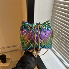 Quilted Drawstring Shoulder Bag with Chain Strap for Women