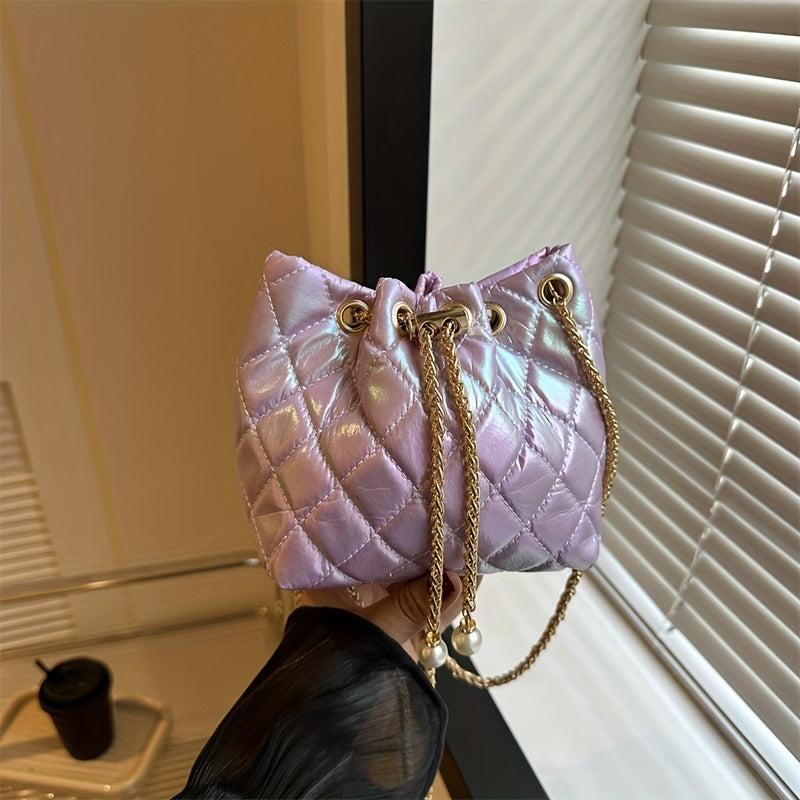 Quilted Drawstring Shoulder Bag with Chain Strap for Women