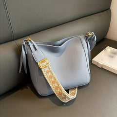 Minimalist Solid Shoulder Bag with Geometric Pattern Strap
