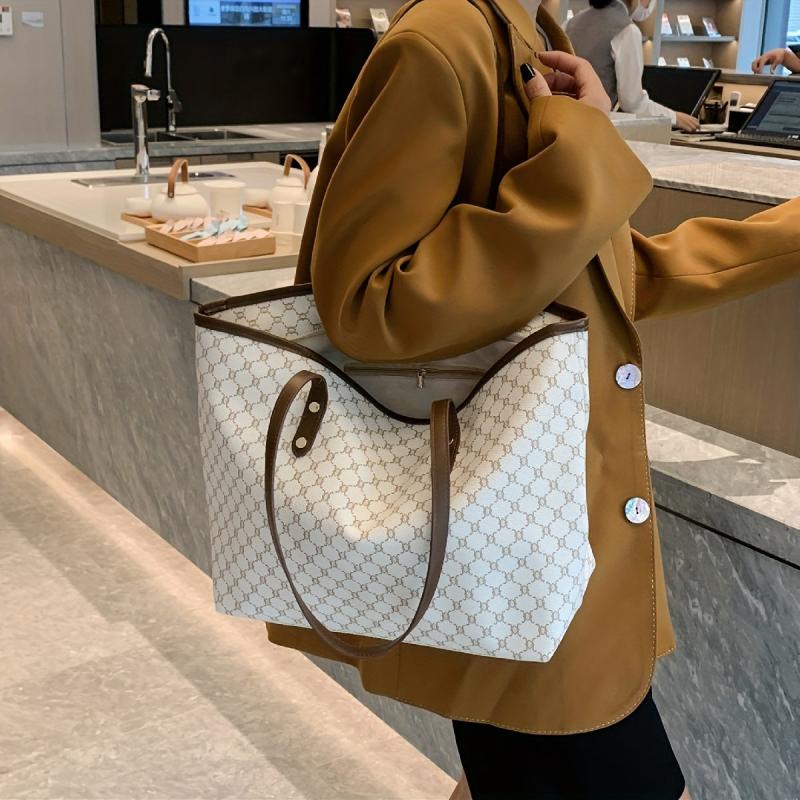 Classic Printed Tote Bag Women PU Leather Shoulder Bag Large Capacity Handbag
