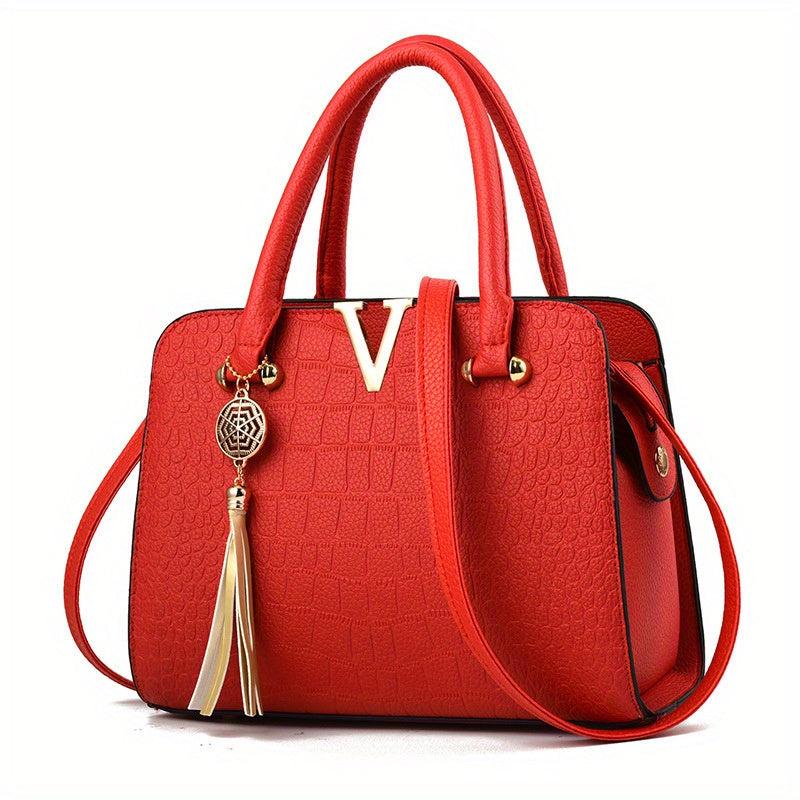 Crocodile Pattern Tote Bag With Tassel Satchel Purse