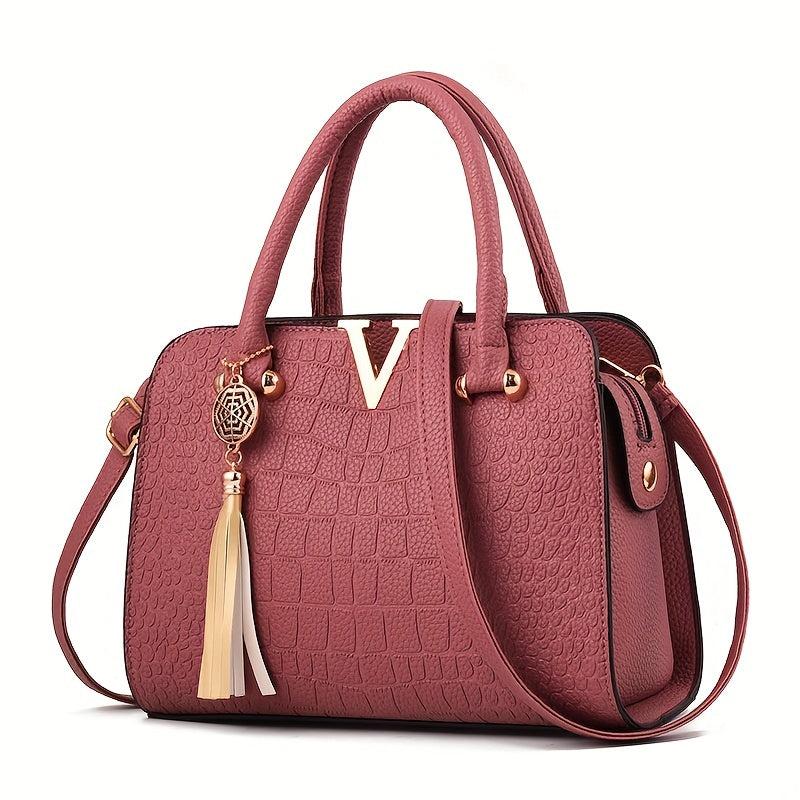 Crocodile Pattern Tote Bag With Tassel Satchel Purse