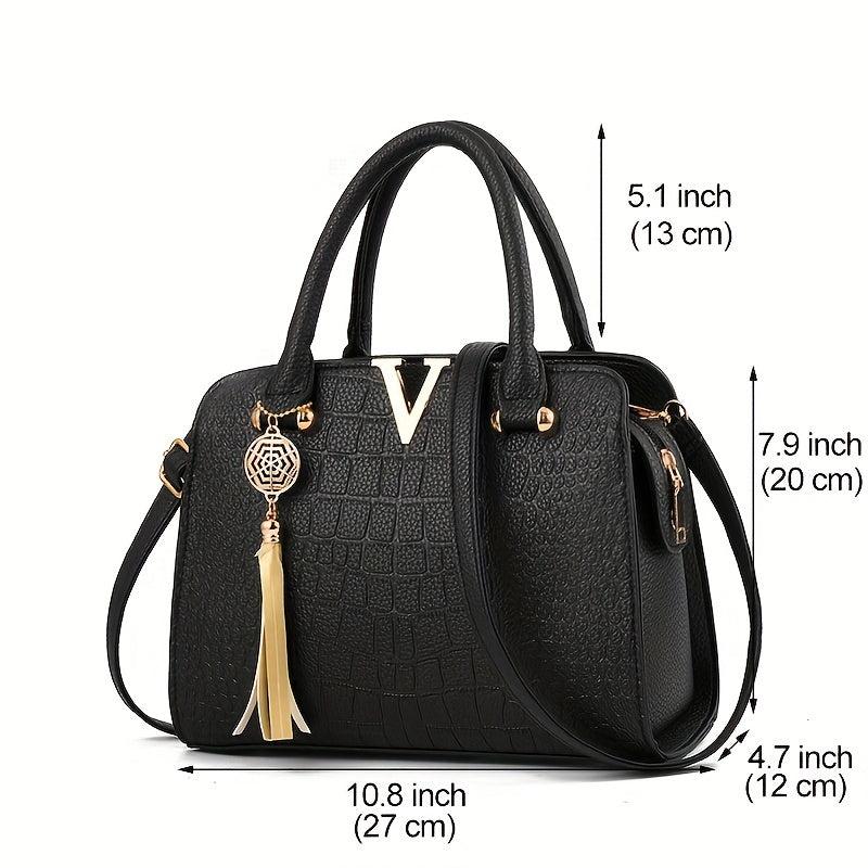 Crocodile Pattern Tote Bag With Tassel Satchel Purse