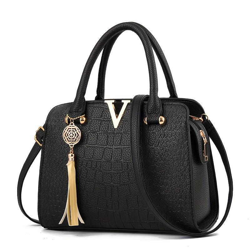 Crocodile Pattern Tote Bag With Tassel Satchel Purse