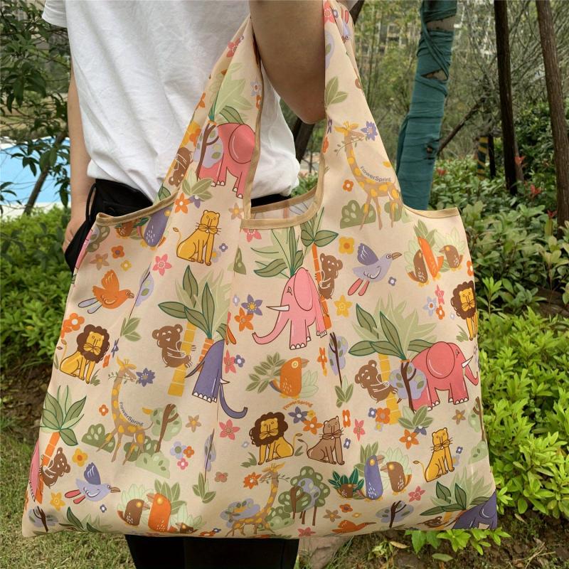 Vintage Cartoon Elephant Print Shoulder Bag Large Capacity Shopper Bag