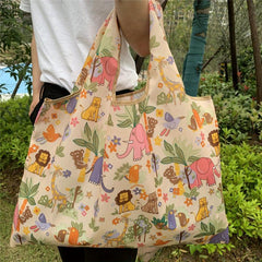 Vintage Cartoon Elephant Print Shoulder Bag Large Capacity Shopper Bag