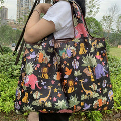 Vintage Cartoon Elephant Print Shoulder Bag Large Capacity Shopper Bag