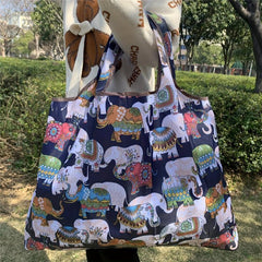 Vintage Cartoon Elephant Print Shoulder Bag Large Capacity Shopper Bag