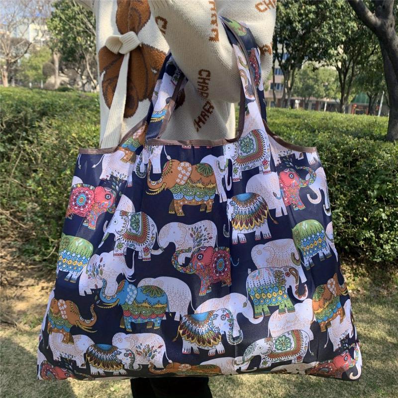 Vintage Cartoon Elephant Print Shoulder Bag Large Capacity Shopper Bag