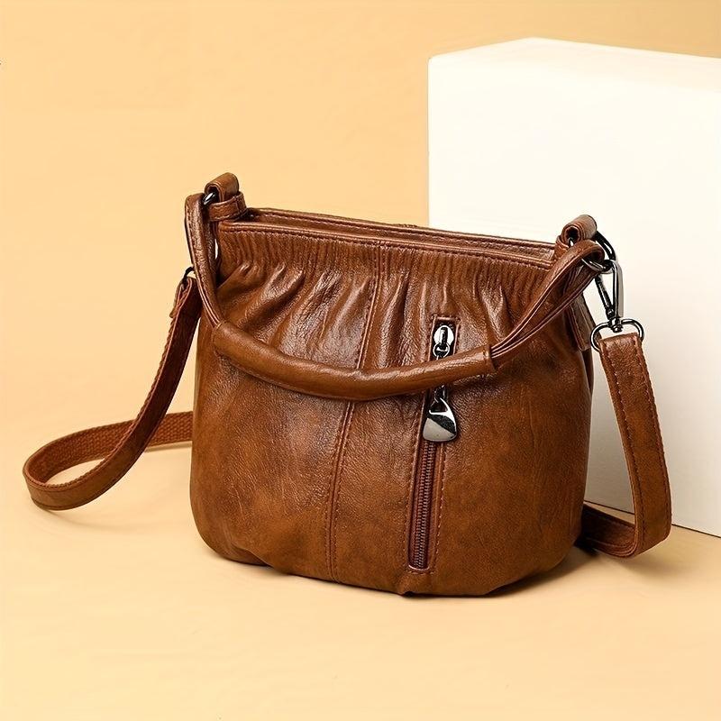 Retro Ruched Crossbody Bag Vegan Leather Handbag Stylish Shoulder Purse