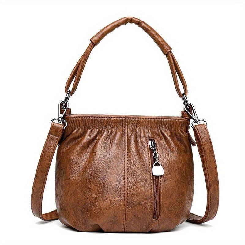 Retro Ruched Crossbody Bag Vegan Leather Handbag Stylish Shoulder Purse