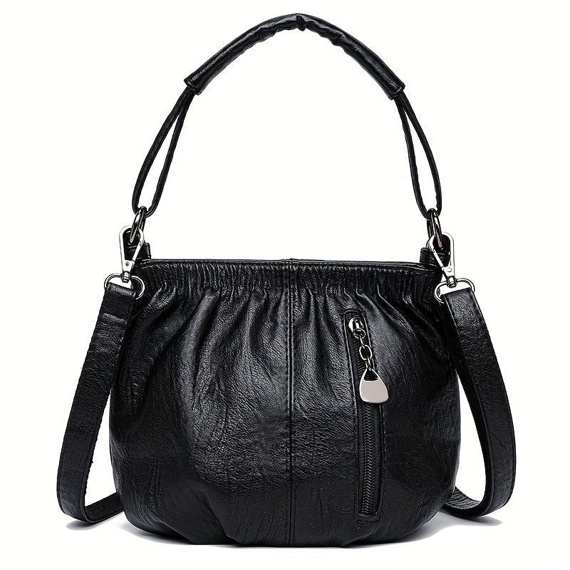 Retro Ruched Crossbody Bag Vegan Leather Handbag Stylish Shoulder Purse
