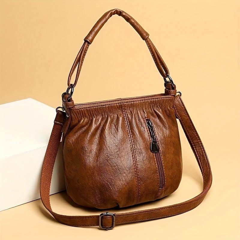 Retro Ruched Crossbody Bag Vegan Leather Handbag Stylish Shoulder Purse