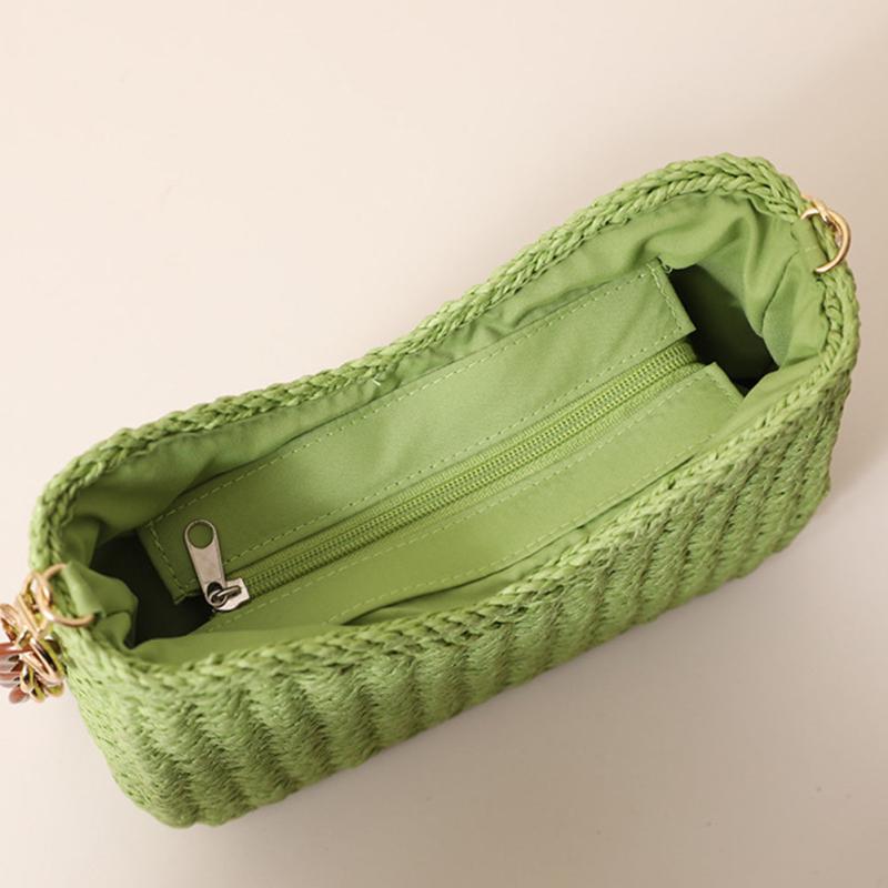 Straw Beach Bag Chain Crossbody Boho Style Braided Shoulder Bag for Women