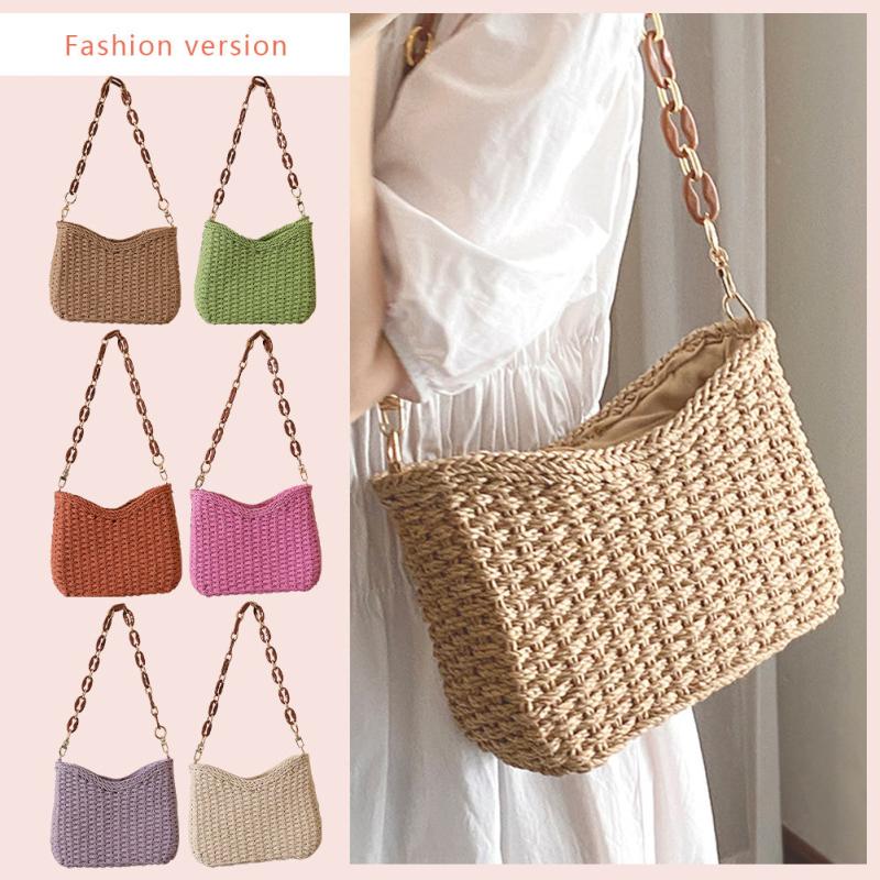 Straw Beach Bag Chain Crossbody Boho Style Braided Shoulder Bag for Women