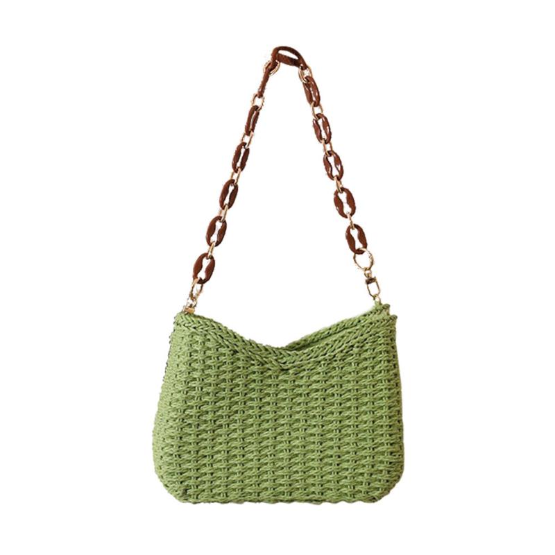 Straw Beach Bag Chain Crossbody Boho Style Braided Shoulder Bag for Women