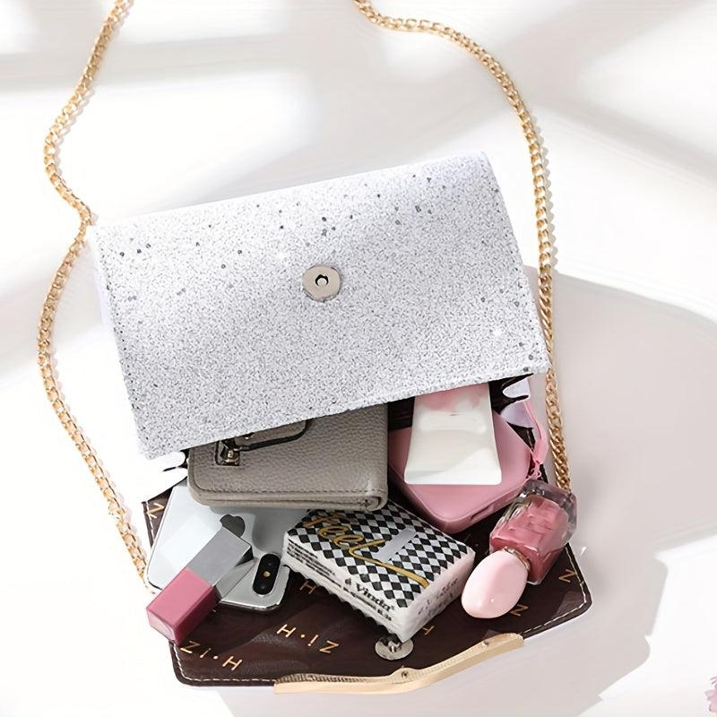 Glitter Metal Chain Crossbody Bag PU Leather Textured Bag Purse
