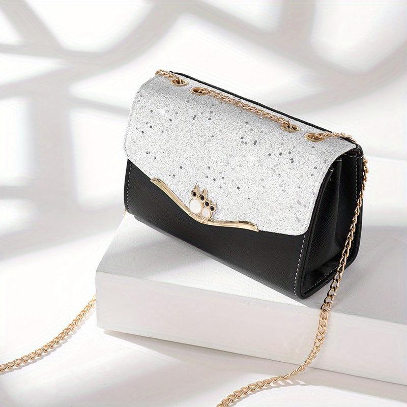 Glitter Metal Chain Crossbody Bag PU Leather Textured Bag Purse