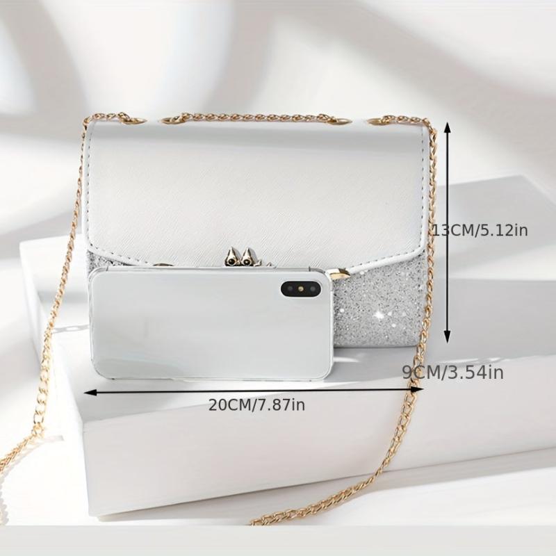 Glitter Metal Chain Crossbody Bag PU Leather Textured Bag Purse