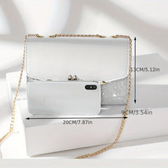 Glitter Metal Chain Crossbody Bag PU Leather Textured Bag Purse