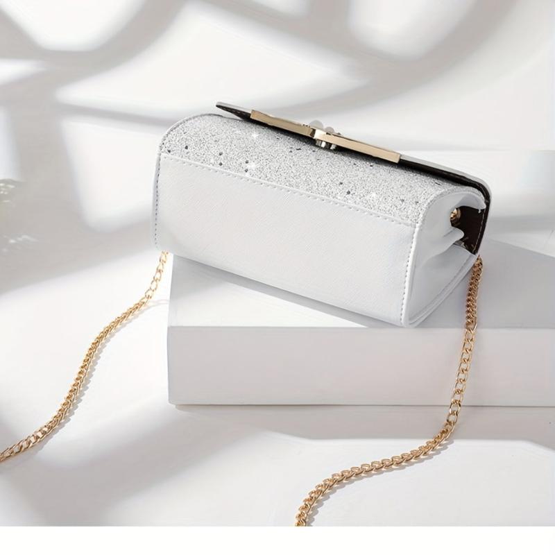 Glitter Metal Chain Crossbody Bag PU Leather Textured Bag Purse