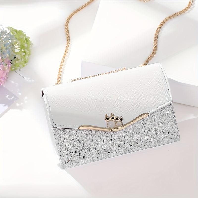 Glitter Metal Chain Crossbody Bag PU Leather Textured Bag Purse