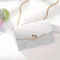 Glitter Metal Chain Crossbody Bag PU Leather Textured Bag Purse