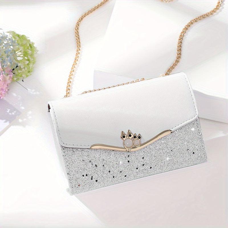 Glitter Metal Chain Crossbody Bag PU Leather Textured Bag Purse