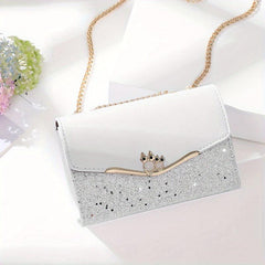 Glitter Metal Chain Crossbody Bag PU Leather Textured Bag Purse