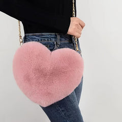 Heart Shaped Plush Bag Women's Chain Crossbody Bag Gift Love Purse