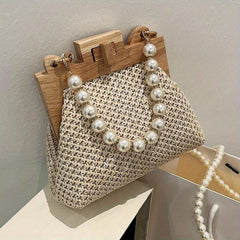 Straw Woven Handbag Women Beach Purse Faux Pearl Chain Crossbody Bag