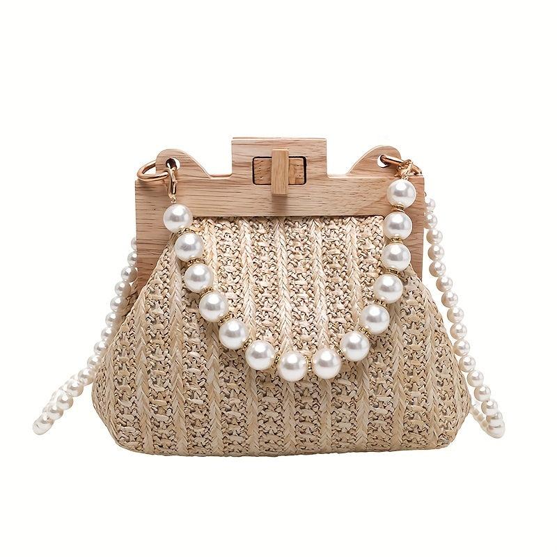 Straw Woven Handbag Women Beach Purse Faux Pearl Chain Crossbody Bag