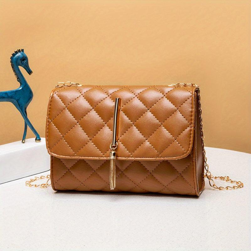 Argyle Quilted Crossbody Bag Chain Shoulder Bag Tassel Decor Square Purse