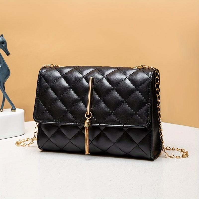 Argyle Quilted Crossbody Bag Chain Shoulder Bag Tassel Decor Square Purse
