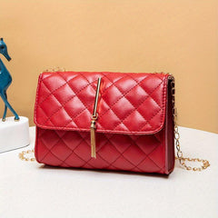 Argyle Quilted Crossbody Bag Chain Shoulder Bag Tassel Decor Square Purse