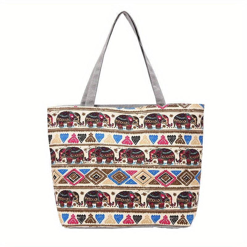 Vintage Large Tote Bag Floral Geometric Print Shoulder Bag Casual Handbag