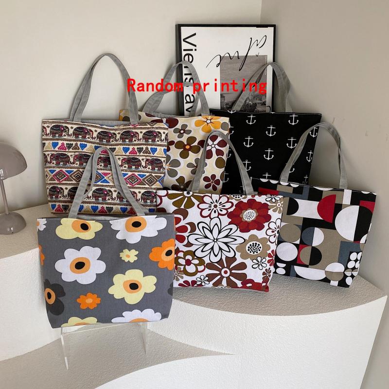 Vintage Large Tote Bag Floral Geometric Print Shoulder Bag Casual Handbag