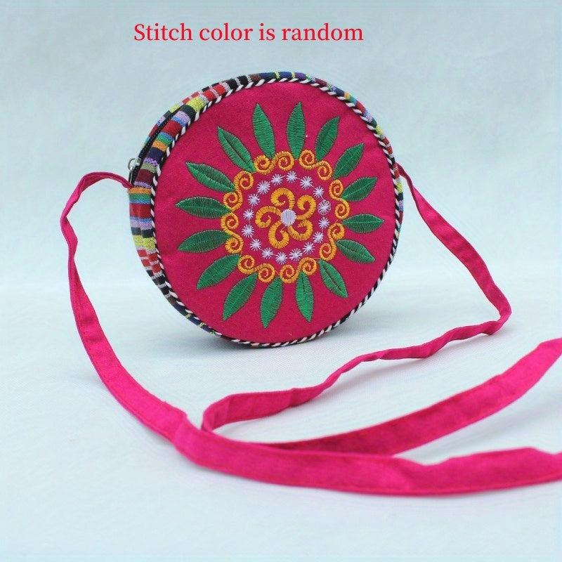 Vintage Flower Embroidered Round Bag Ethnic Zipper Crossbody Bag