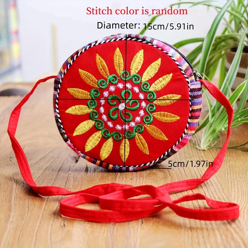 Vintage Flower Embroidered Round Bag Ethnic Zipper Crossbody Bag