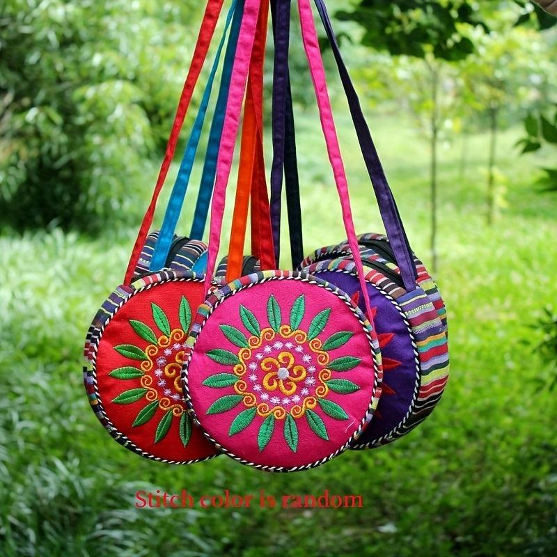 Vintage Flower Embroidered Round Bag Ethnic Zipper Crossbody Bag