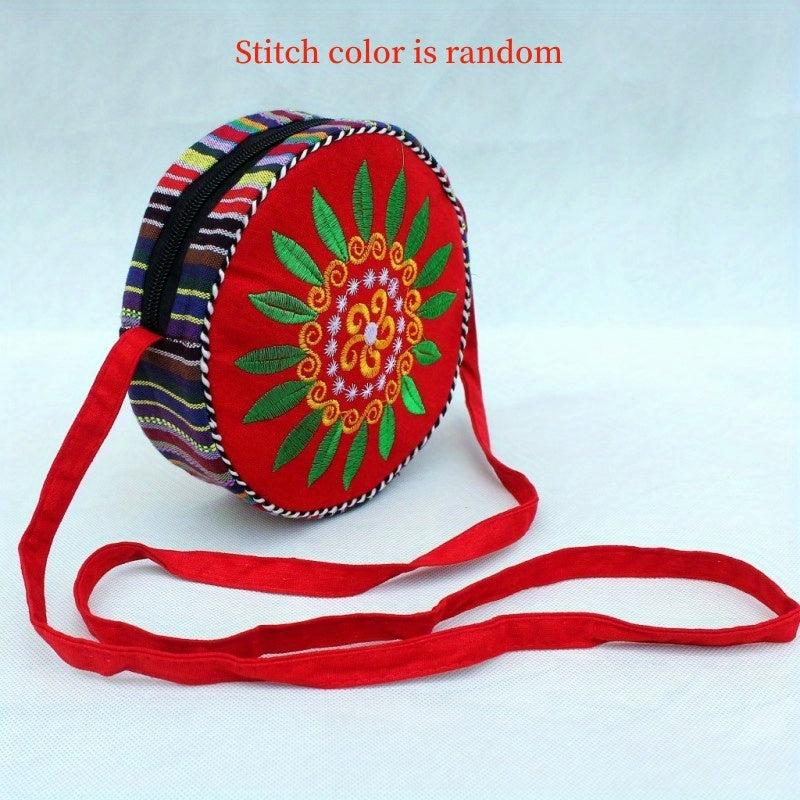 Vintage Flower Embroidered Round Bag Ethnic Zipper Crossbody Bag