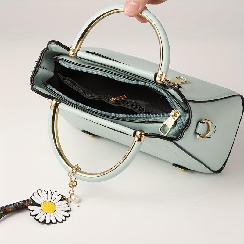 Vegan Leather Crossbody Bag Satchel Purse with Daisy Flower Pendant