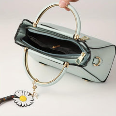 Vegan Leather Crossbody Bag Satchel Purse with Daisy Flower Pendant