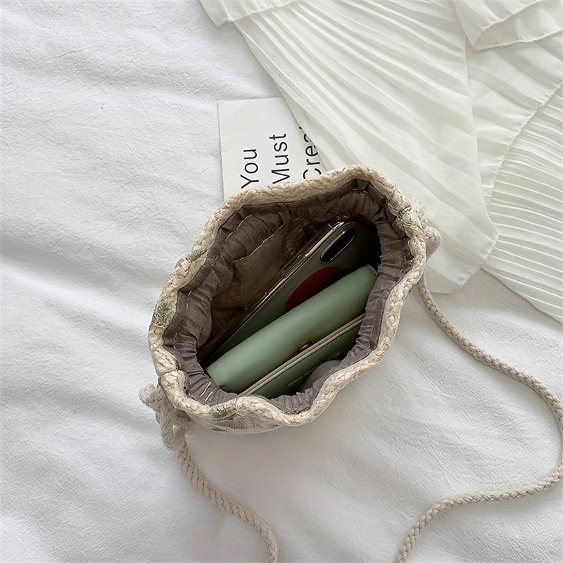 Flower Lace Straw Beach Bag Drawstring Bucket Bag Women's Woven Crossbody Bag