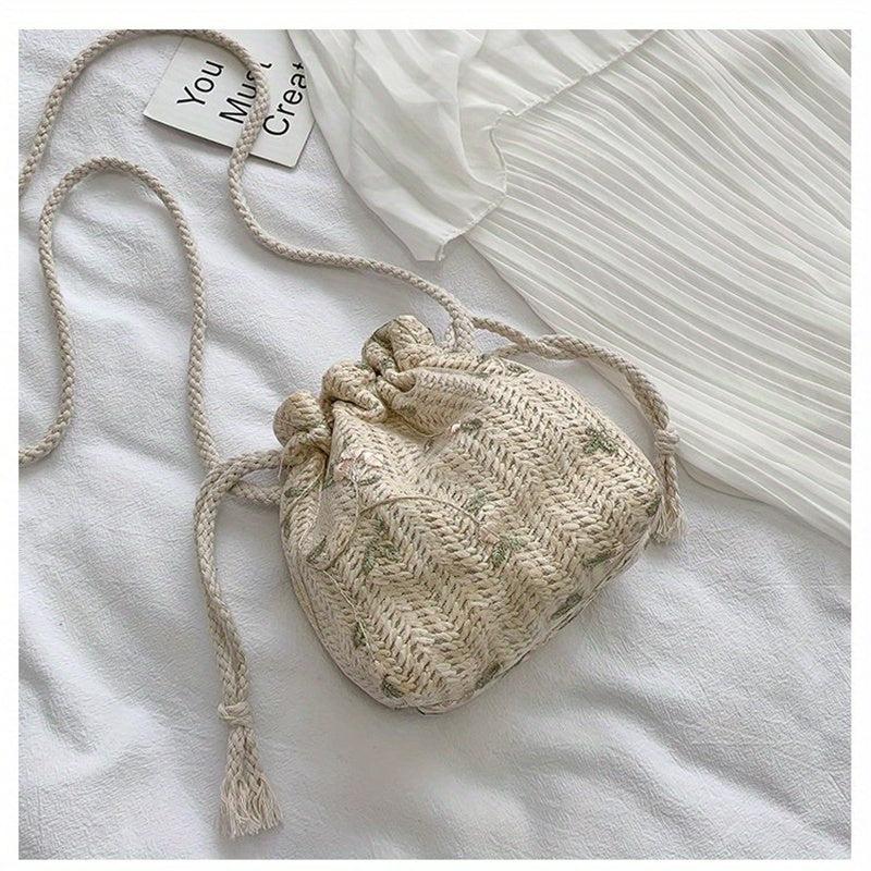 Flower Lace Straw Beach Bag Drawstring Bucket Bag Women's Woven Crossbody Bag