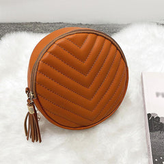 Chevron Quilted Round Bag Chain Crossbody Tassel Decor Purse 6 6 6 6 2 3 Inch